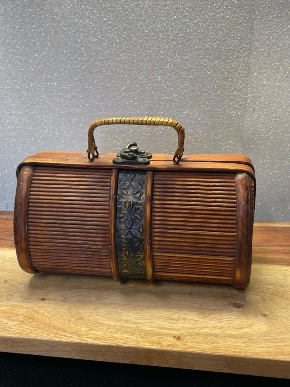 Brown Bamboo Wristlet Clutch with Ornate Metal Trim